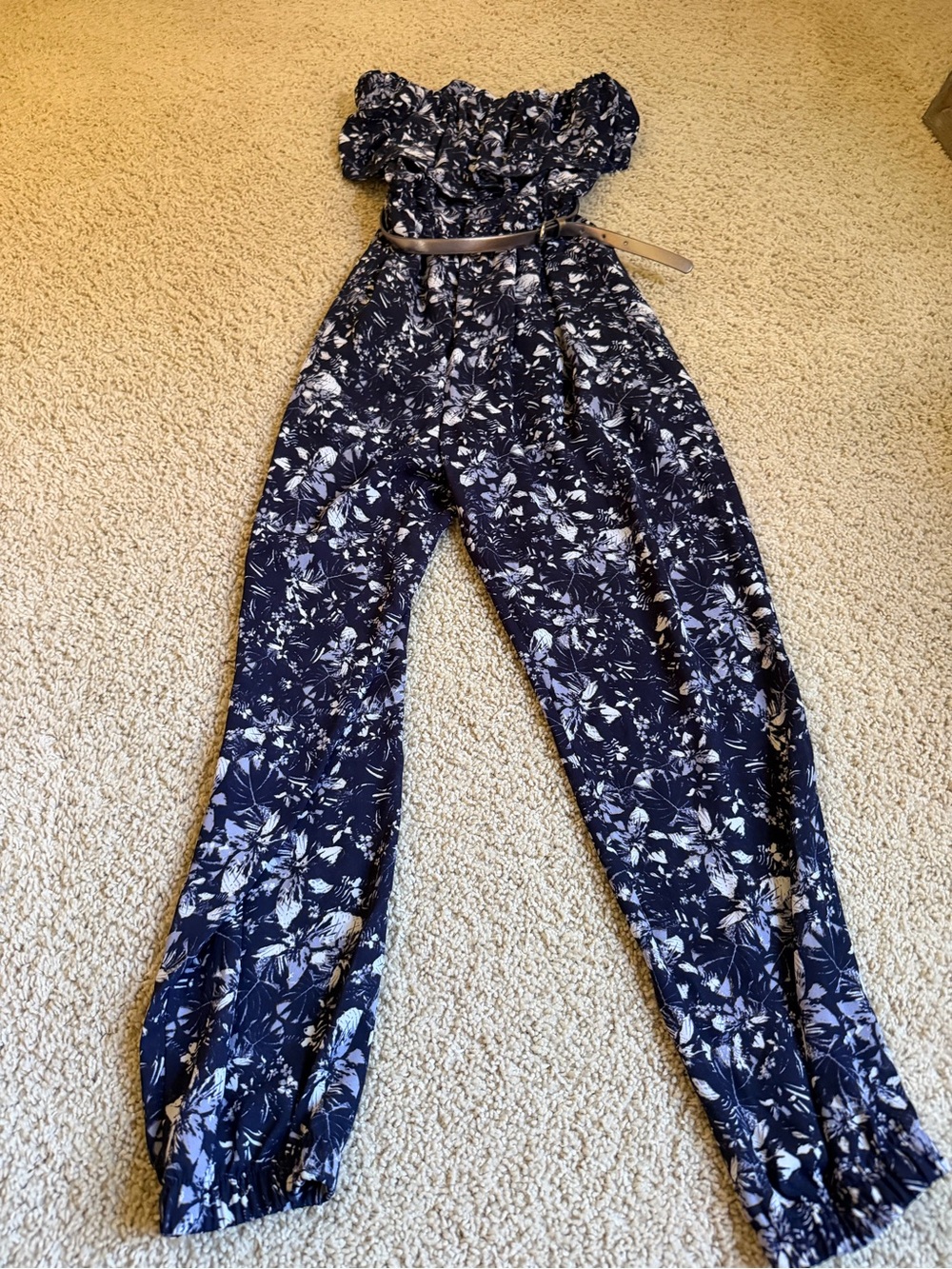 princess vera wang Navy Floral Strapless Smocked Jumpsuit